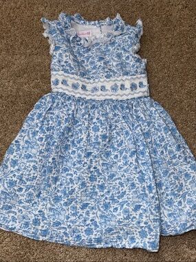 Blue Floral Smocked Waist Girls Dress with rabbit, butterfly and floral pattern
